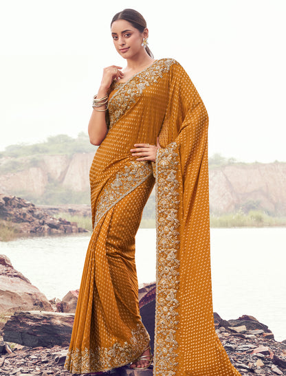 Mustard Silk Designer Saree Zari Jacquard Butti Sequince Embroidery Khatli Work