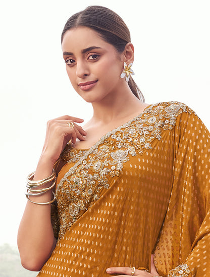 Mustard Silk Designer Saree Zari Jacquard Butti Sequince Embroidery Khatli Work