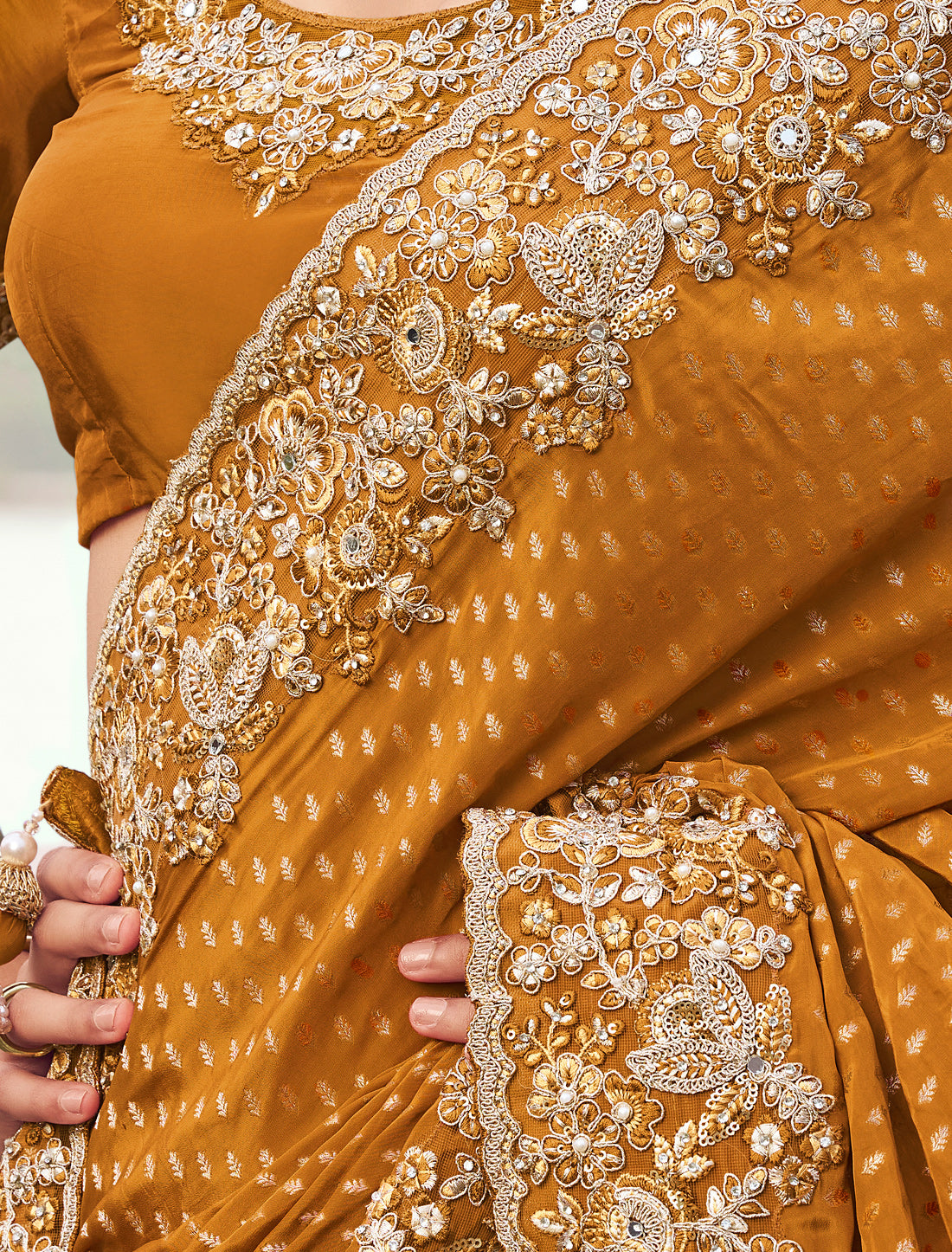 Mustard Silk Designer Saree Zari Jacquard Butti Sequince Embroidery Khatli Work