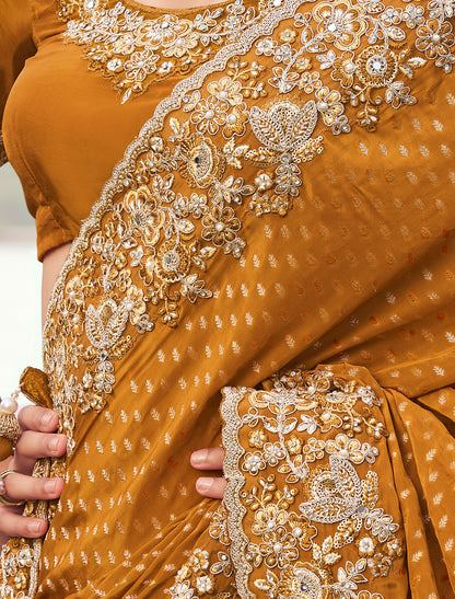 Mustard Silk Designer Saree Zari Jacquard Butti Sequince Embroidery Khatli Work