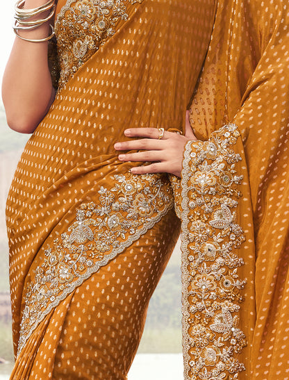 Mustard Silk Designer Saree Zari Jacquard Butti Sequince Embroidery Khatli Work