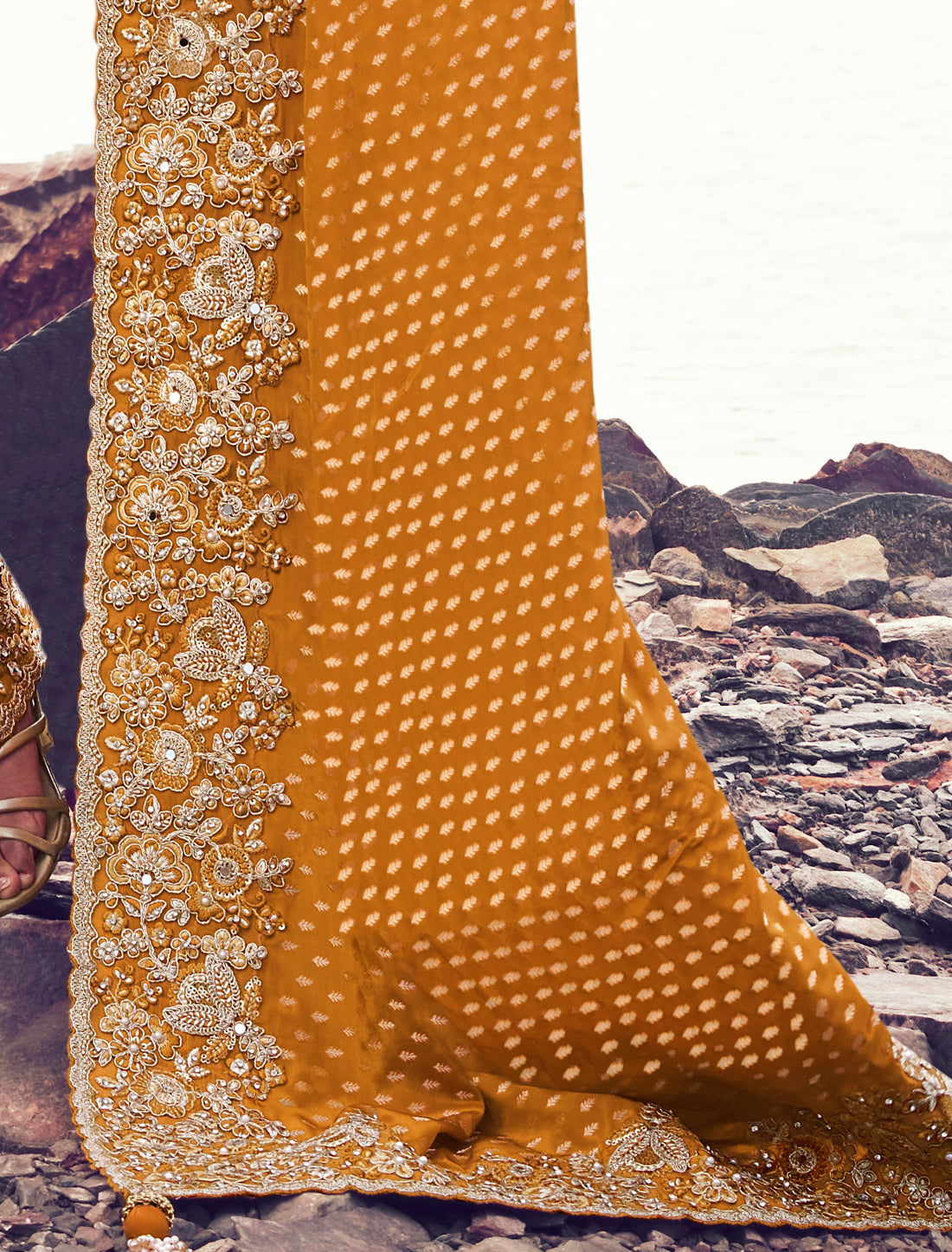 Mustard Silk Designer Saree Zari Jacquard Butti Sequince Embroidery Khatli Work