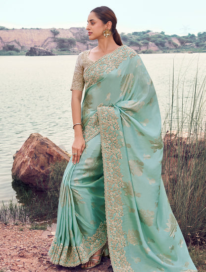 Designer Sky Blue Tissue Silk Saree Zari Weaving Jacquard Embroidery Khatli work