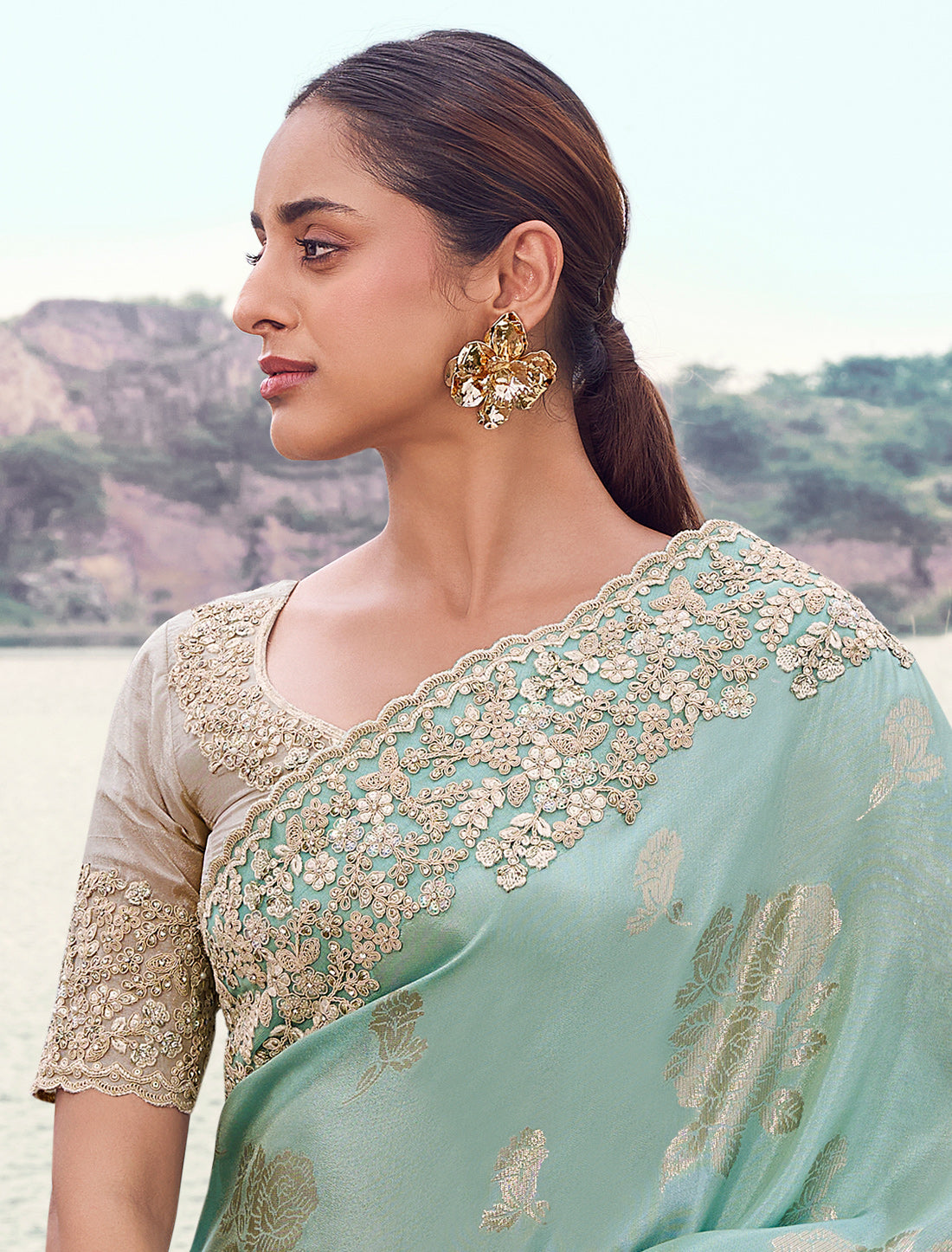 Designer Sky Blue Tissue Silk Saree Zari Weaving Jacquard Embroidery Khatli work