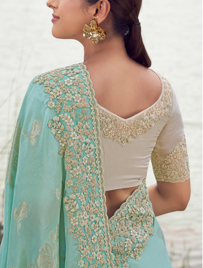 Designer Sky Blue Tissue Silk Saree Zari Weaving Jacquard Embroidery Khatli work