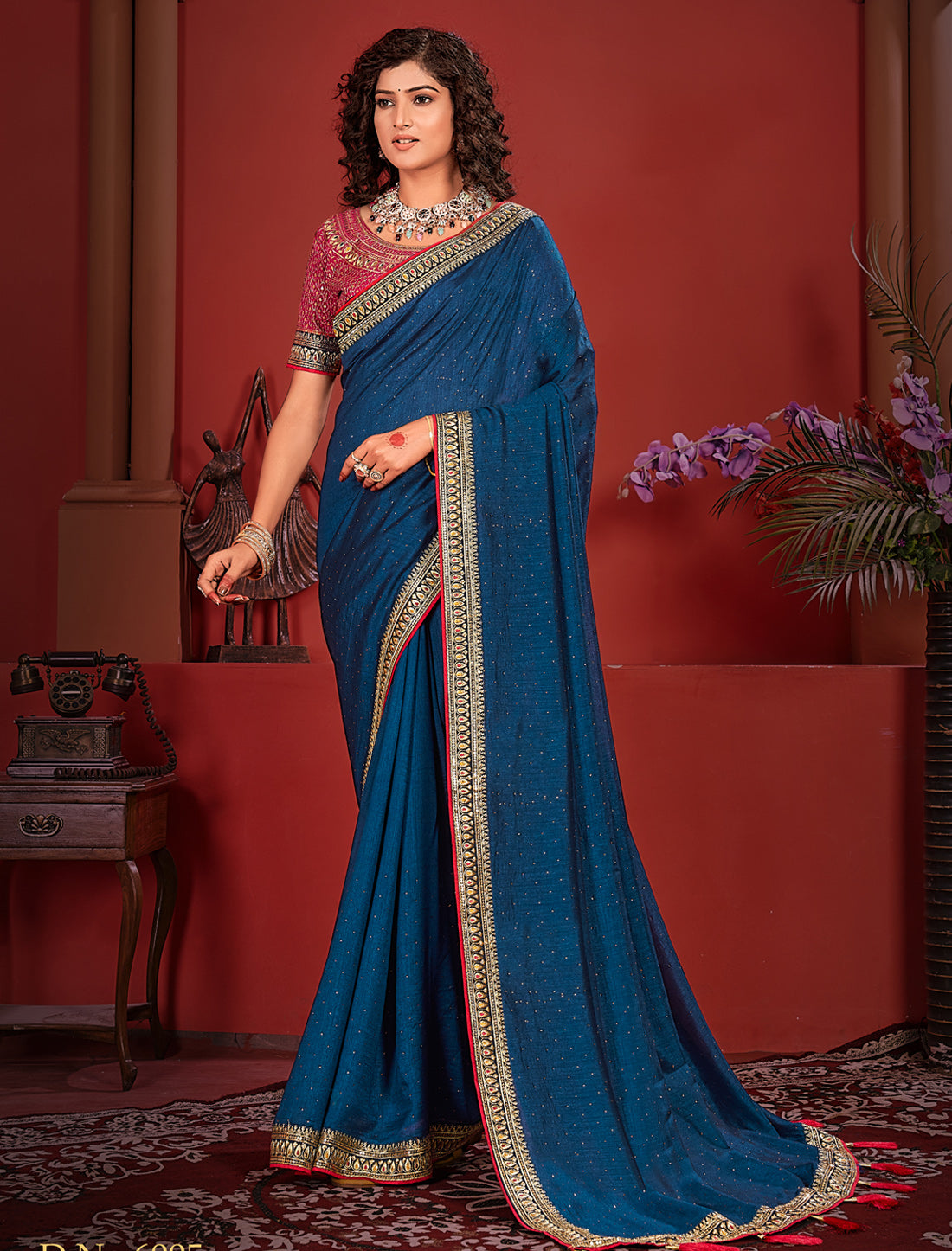 Blue Ethnic Vichitra Silk Saree With Red Heavy Work Blouse