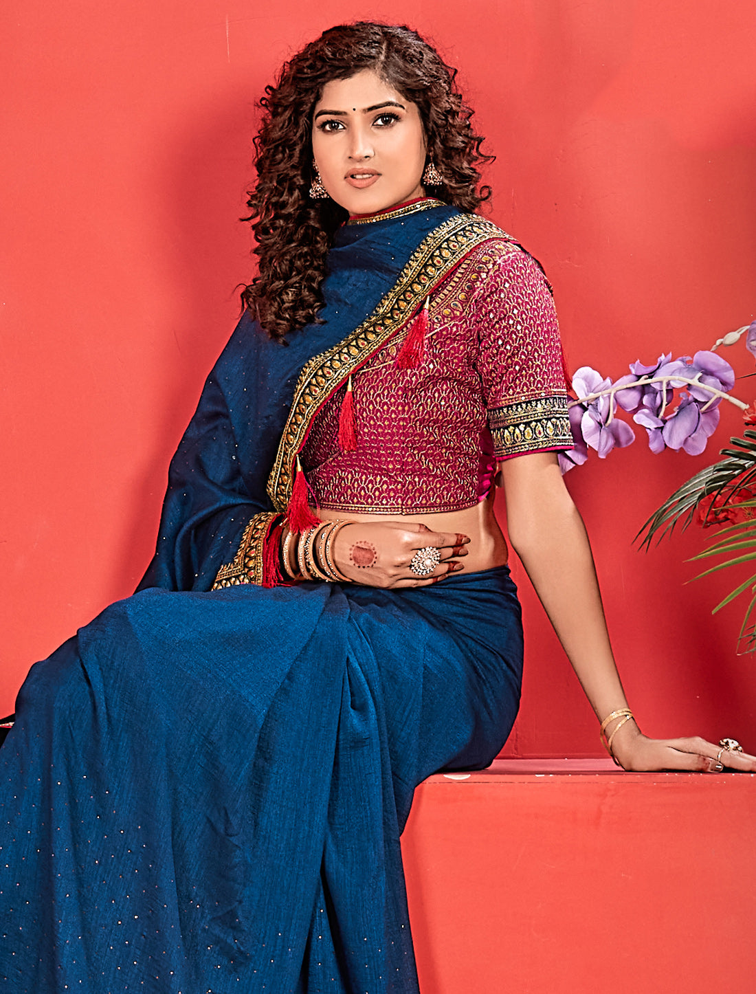 Blue Ethnic Vichitra Silk Saree With Red Heavy Work Blouse