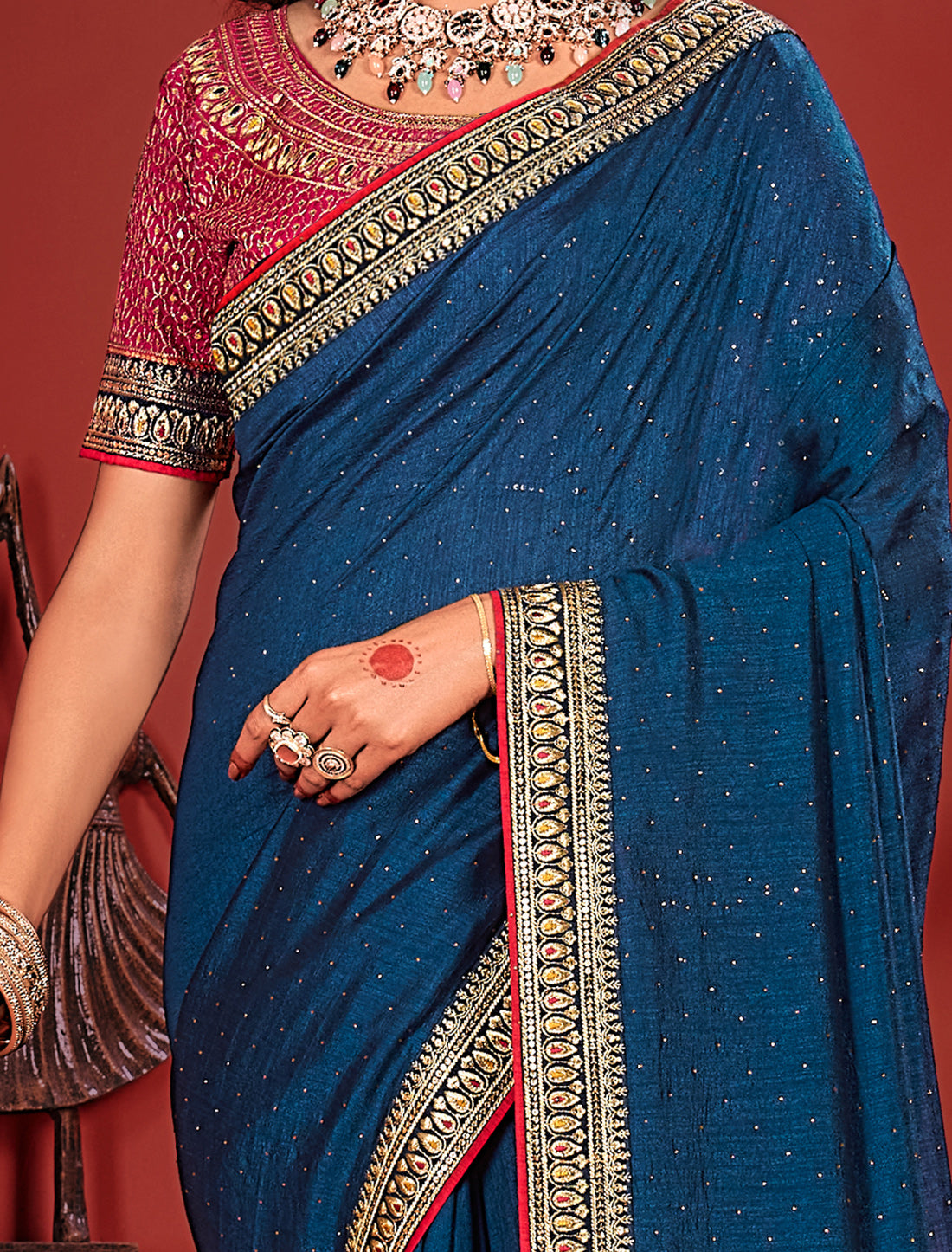 Blue Ethnic Vichitra Silk Saree With Red Heavy Work Blouse