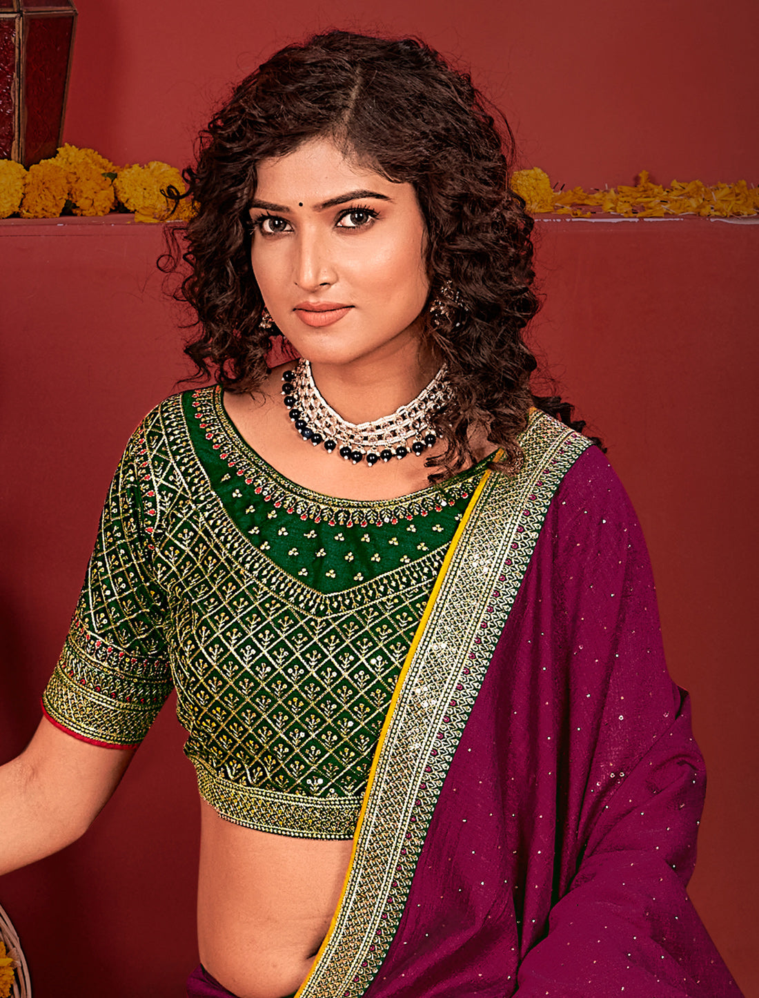Wine Ethnic Designer Saree with Heavy Blouse Border For Women