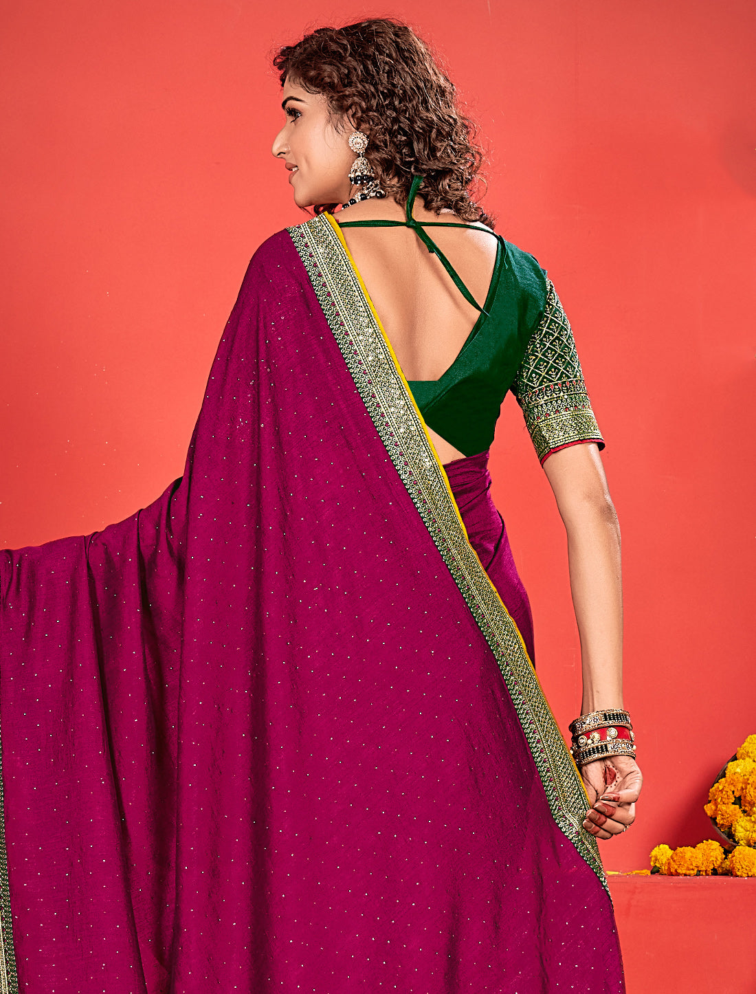 Wine Ethnic Designer Saree with Heavy Blouse Border For Women