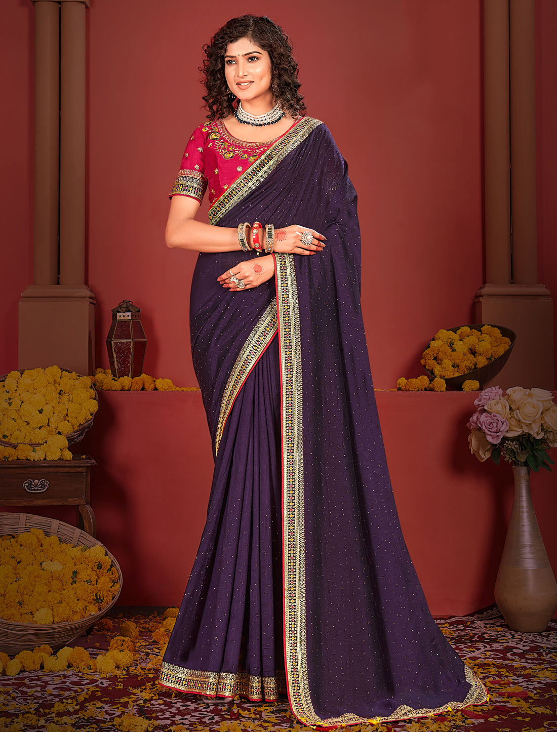 Purple Ethnic Vichitra Silk Saree Red Heavy Work Blouse