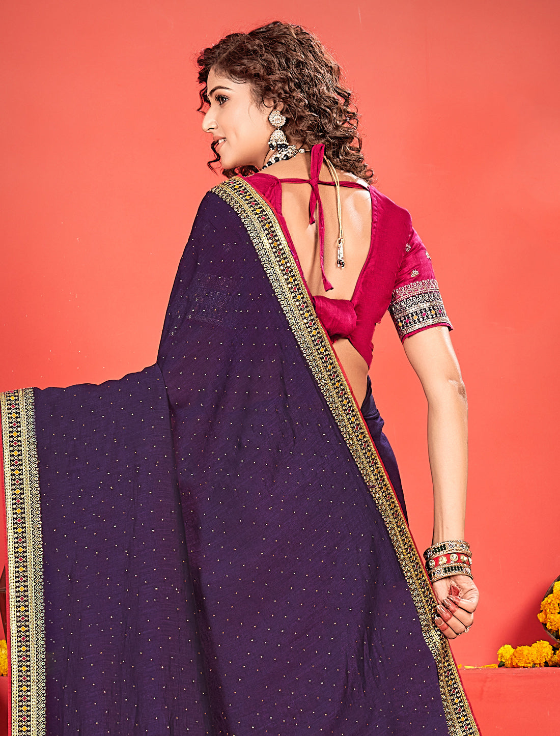 Purple Ethnic Vichitra Silk Saree Red Heavy Work Blouse