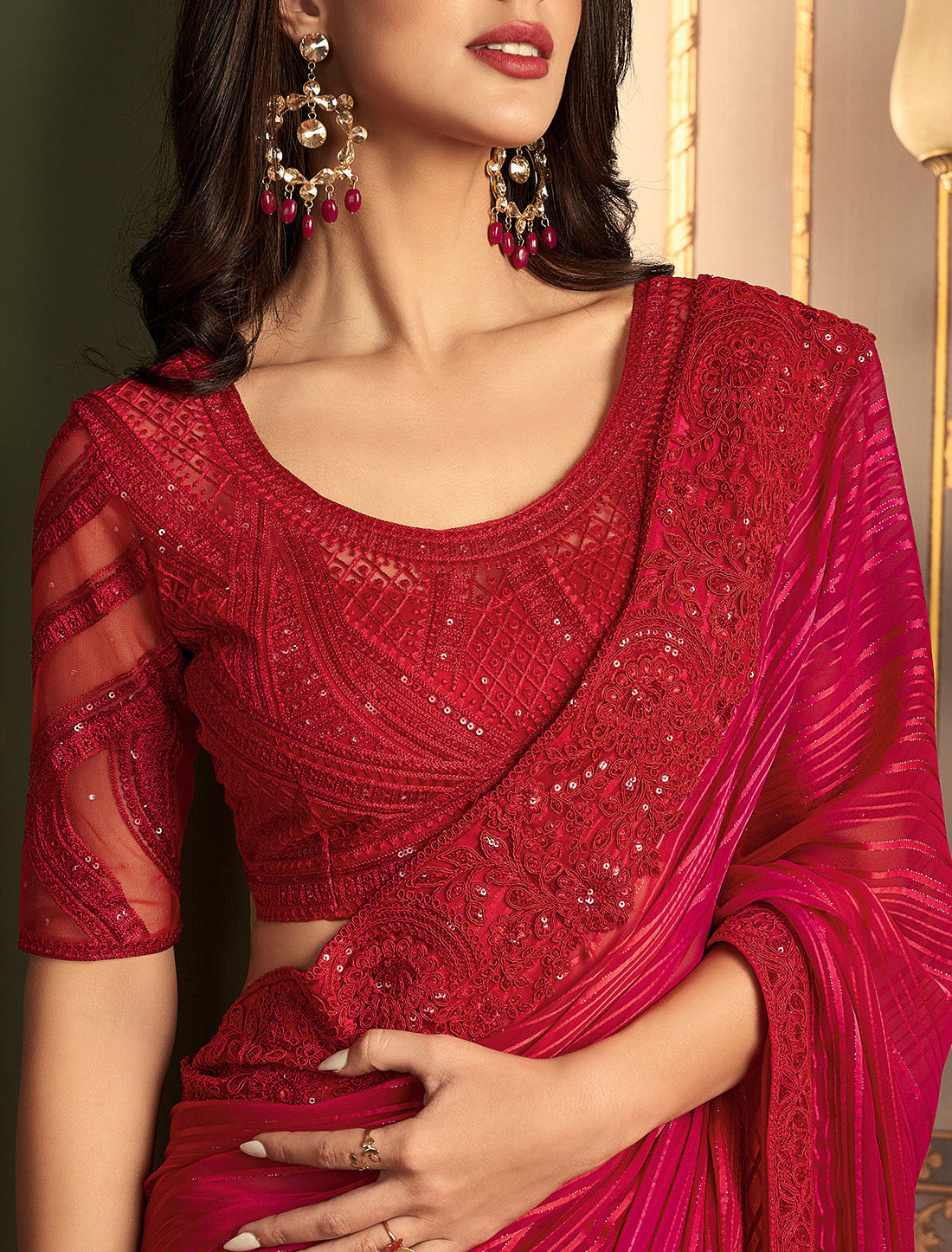 Cherry Silk Partten With Work Blouse Designer Saree Collection