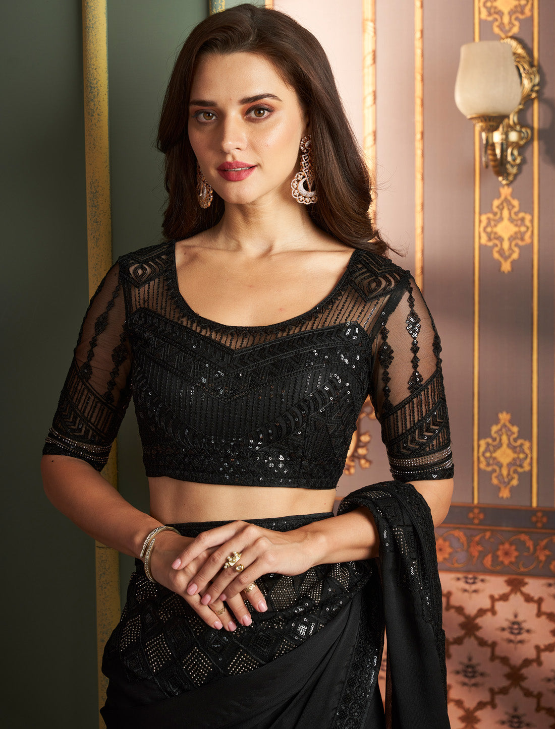 Black-Berry Silk Chiffon With Work Blouse Ethnic Saree Collection