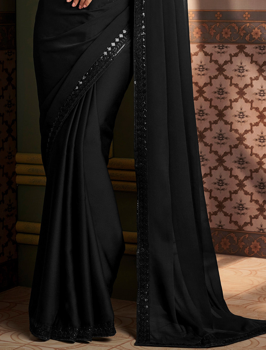 Black-Berry Silk Chiffon With Work Blouse Ethnic Saree Collection