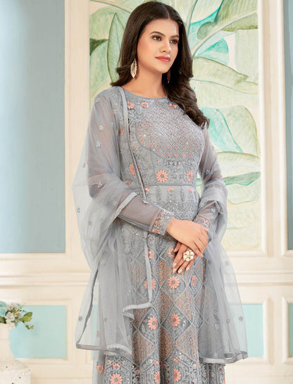 Grey Semi Stitched Designer Work Long Salwar Kameez For Women