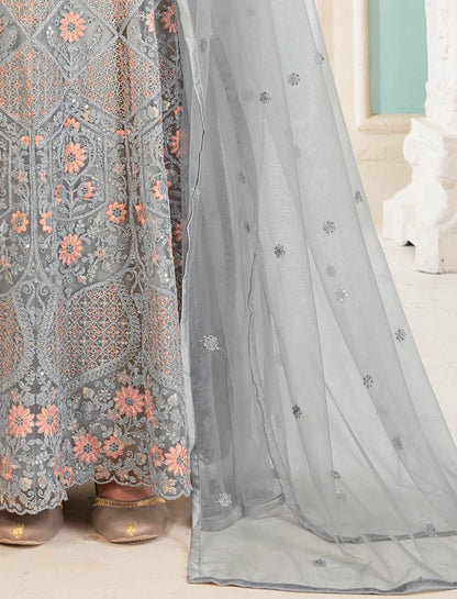 Grey Semi Stitched Designer Work Long Salwar Kameez For Women