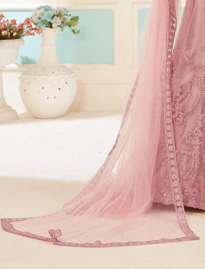 Butterfly Net Light Pink SemiStitched Designer Work, Inner, Bottom, Top And Dupatta Long Salwar Kmeez