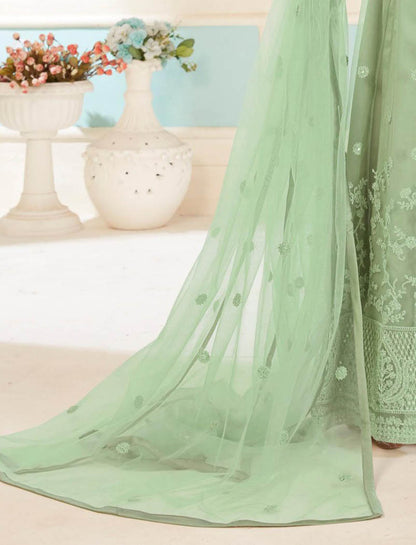 Light Green Semi Stitched Ethnic Long Salwar Kameez For Women