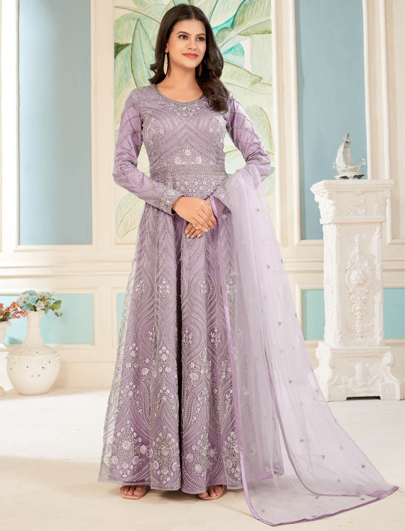 Butterfly Net Light Purple SemiStitched Designer Work, Inner, Bottom, Top And Dupatta Long Salwar Kmeez