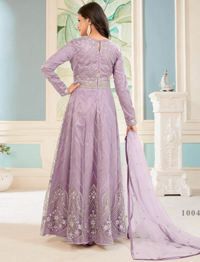 Butterfly Net Light Purple SemiStitched Designer Work, Inner, Bottom, Top And Dupatta Long Salwar Kmeez