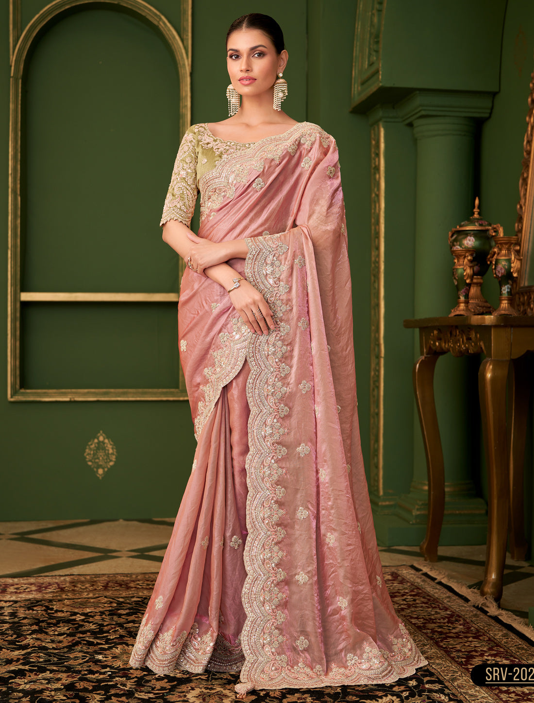 Peach Sartin Georgette Silk Party Wear Designer Saree