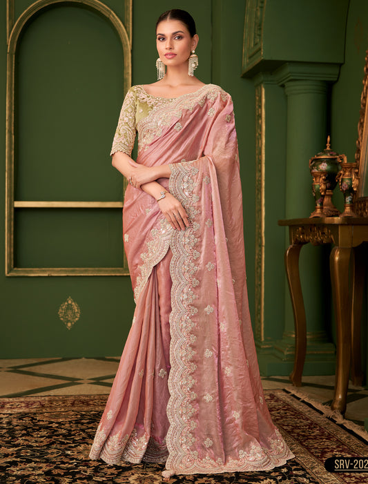 Peach Sartin Georgette Silk Party Wear Designer Saree