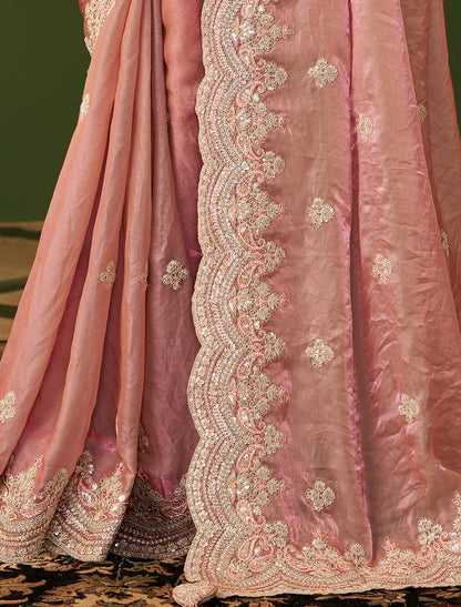 Peach Sartin Georgette Silk Party Wear Designer Saree