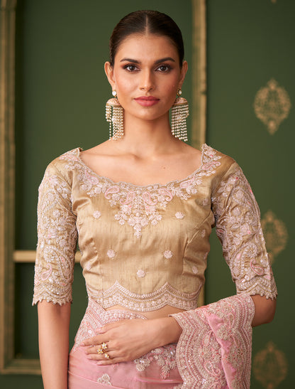 Peach Sartin Georgette Silk Party Wear Designer Saree