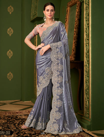 Grey Sartin Georgette Silk Party Wear Designer Saree