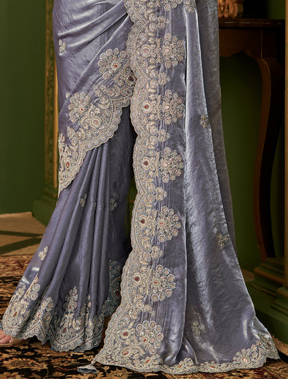 Grey Sartin Georgette Silk Party Wear Designer Saree