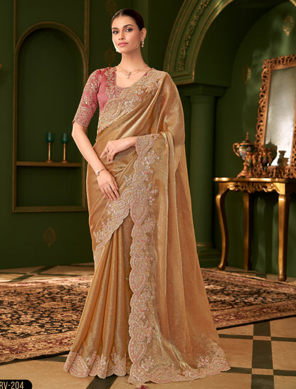 Gold Sartin Chiffon Silk Party Wear Designer Saree