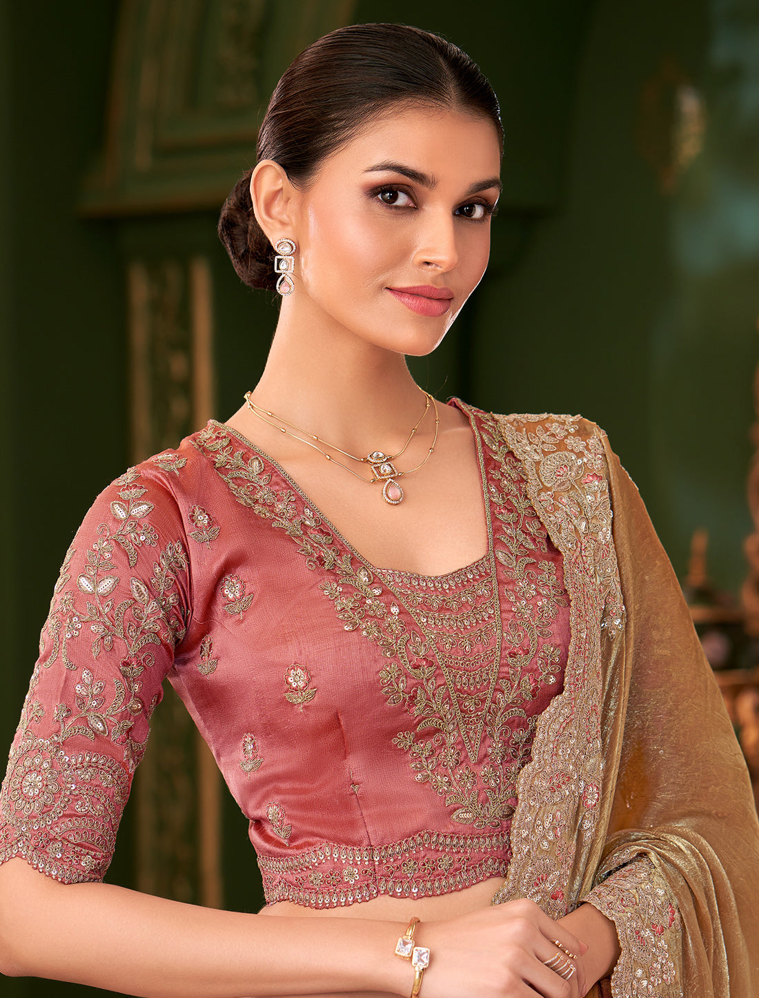Gold Sartin Chiffon Silk Party Wear Designer Saree
