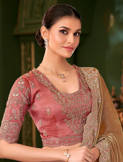Gold Sartin Chiffon Silk Party Wear Designer Saree