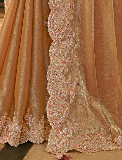 Gold Sartin Chiffon Silk Party Wear Designer Saree