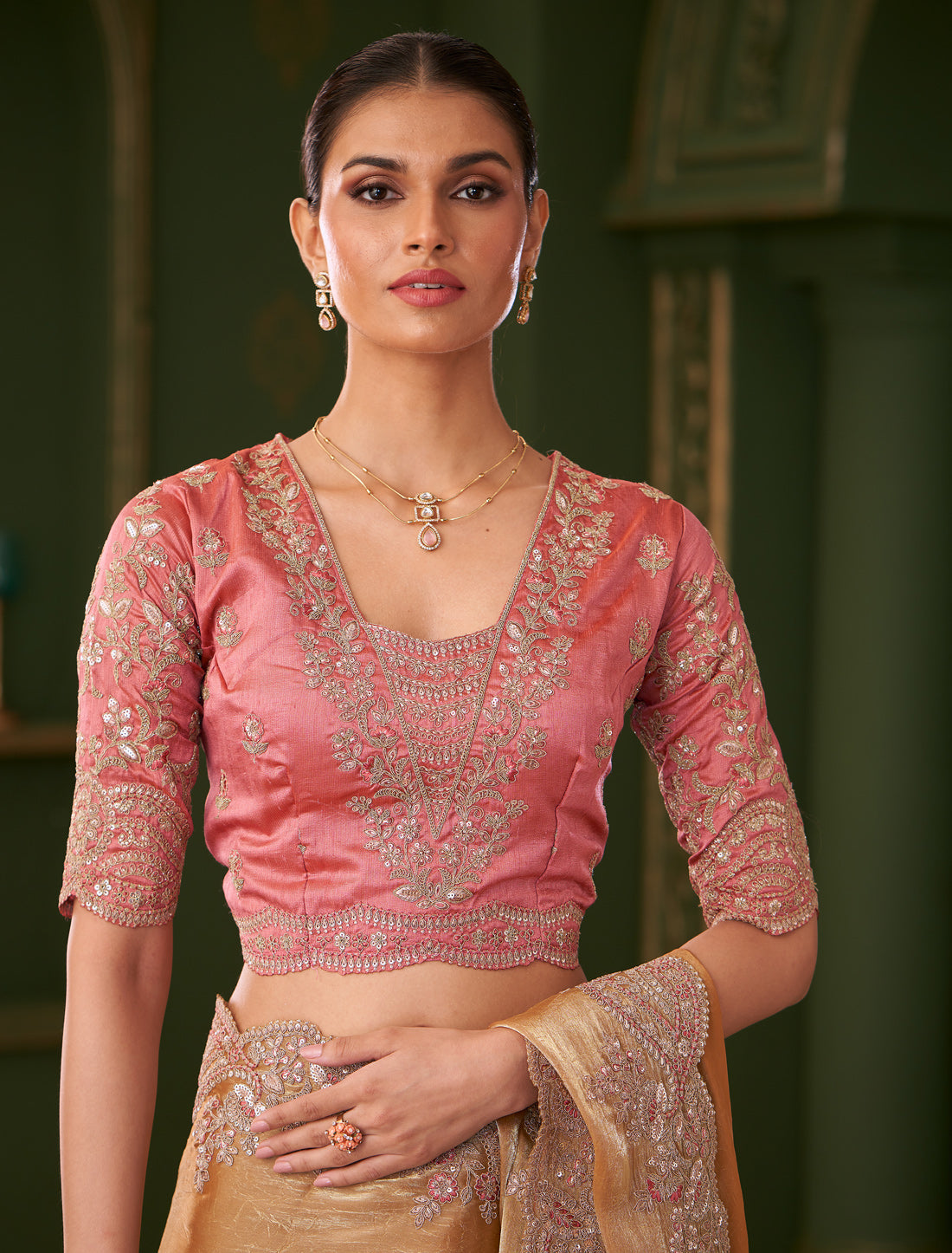 Gold Sartin Chiffon Silk Party Wear Designer Saree