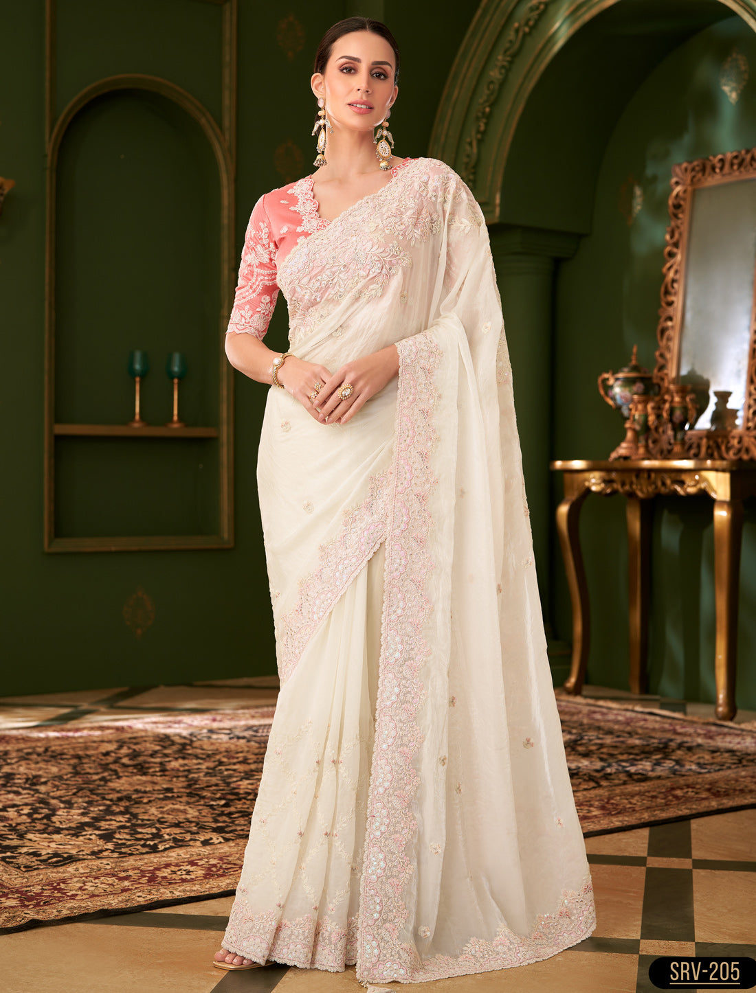 White Sartin Georgette Silk Party Wear Designer Saree