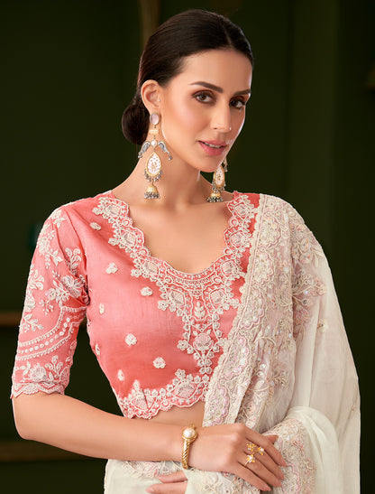White Sartin Georgette Silk Party Wear Designer Saree