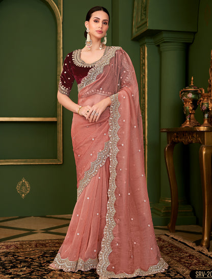 Peach Tissue Georgette Silk Party Wear Designer Saree Velvet Silk Blouse