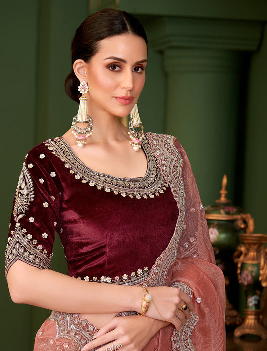 Peach Tissue Georgette Silk Party Wear Designer Saree Velvet Silk Blouse