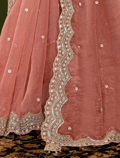 Peach Tissue Georgette Silk Party Wear Designer Saree Velvet Silk Blouse