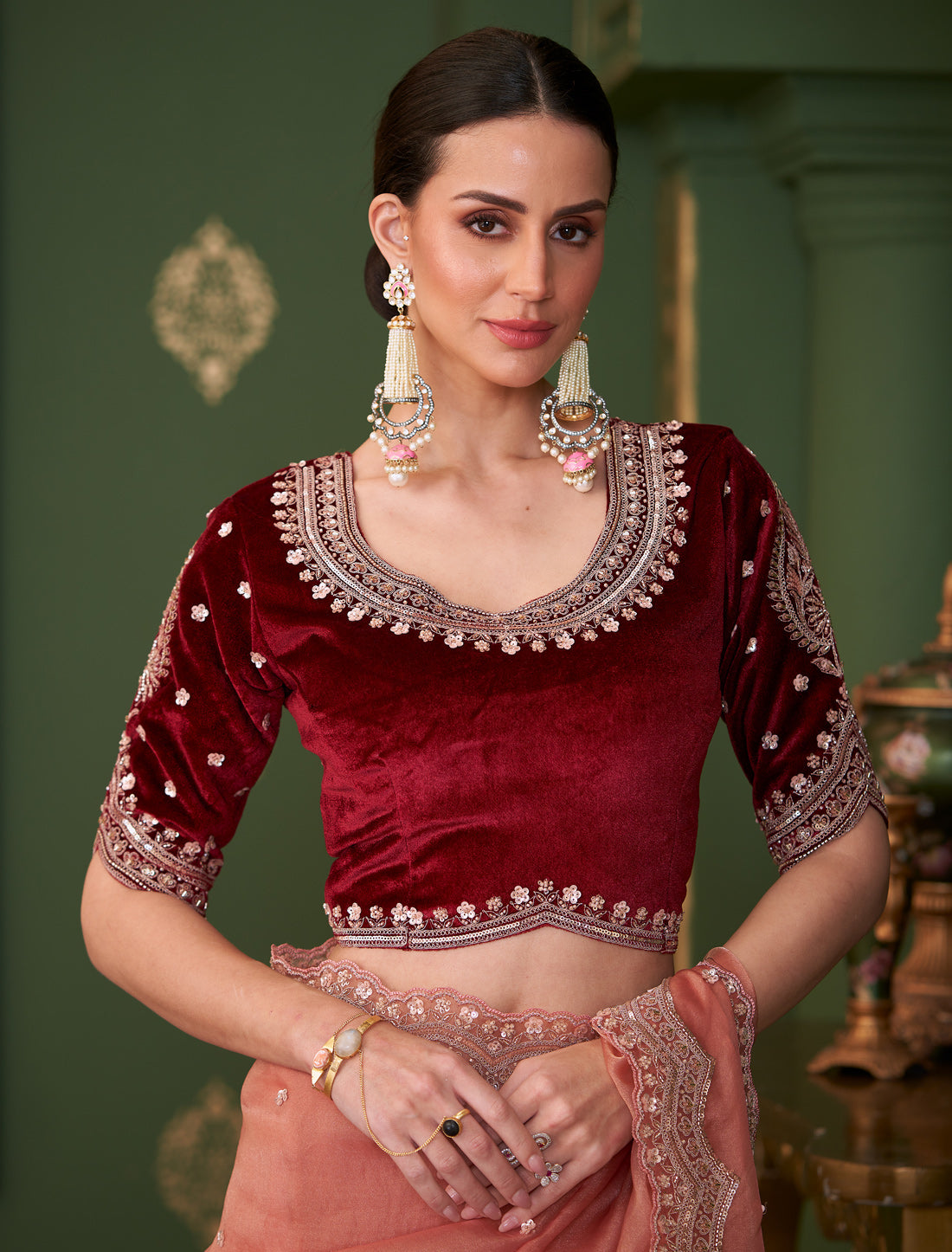 Peach Tissue Georgette Silk Party Wear Designer Saree Velvet Silk Blouse