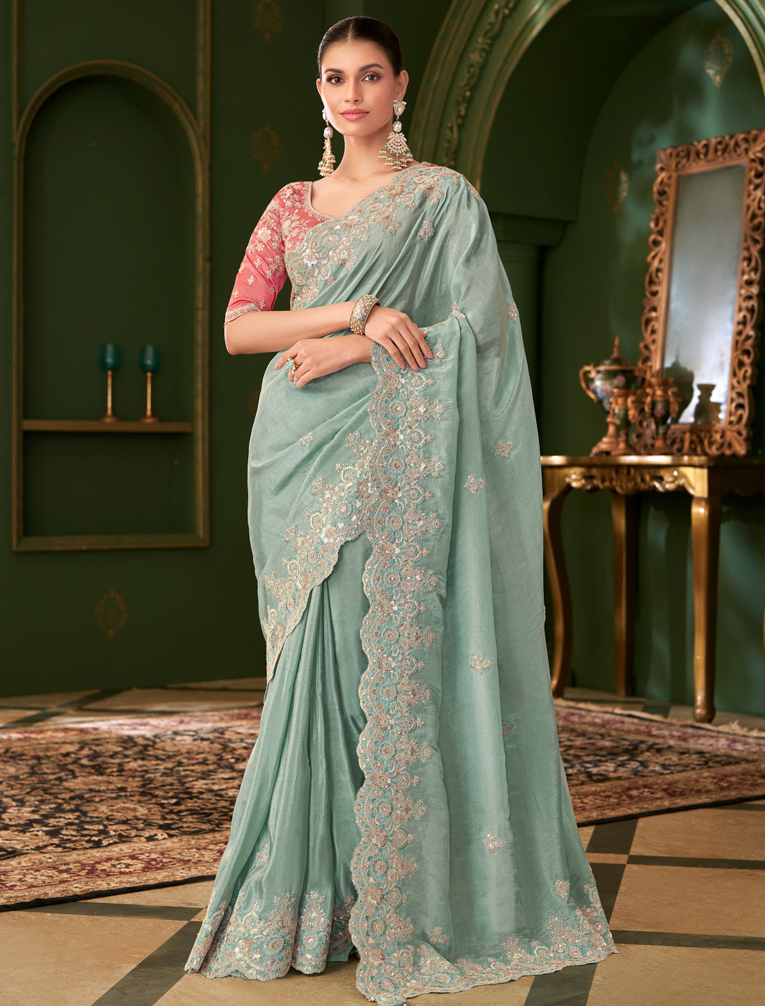 Sky Blue Viscose Georgette Silk Party Wear Designer Saree