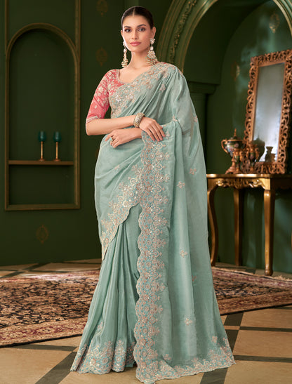 Sky Blue Viscose Georgette Silk Party Wear Designer Saree