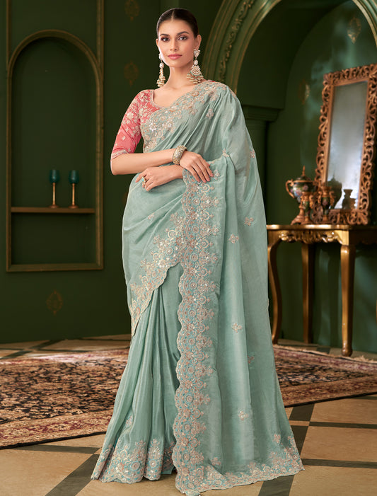 Sky Blue Viscose Georgette Silk Party Wear Designer Saree