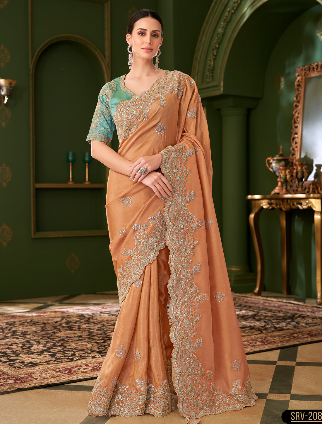Saffron Viscose Georgette Silk Party Wear Designer Saree