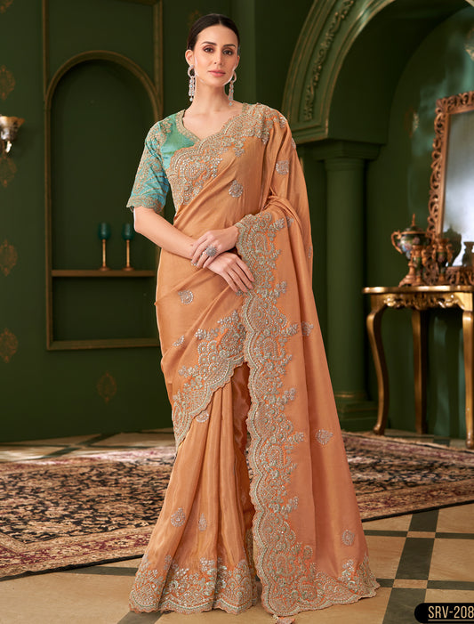 Saffron Viscose Georgette Silk Party Wear Designer Saree