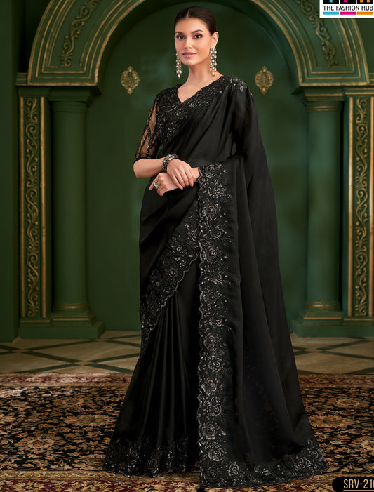 Jet Black Sartin Georgette Party Wear Designer Saree