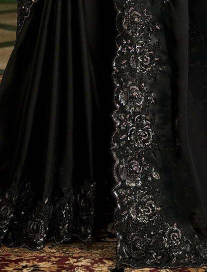 Jet Black Sartin Georgette Party Wear Designer Saree
