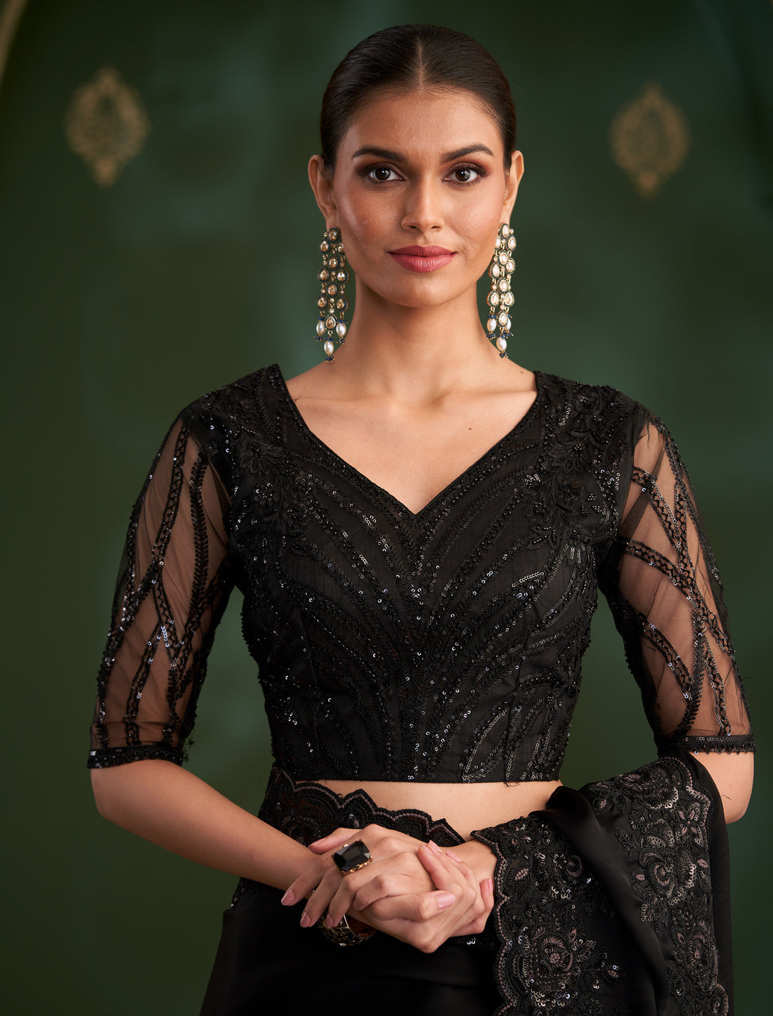 Jet Black Sartin Georgette Party Wear Designer Saree